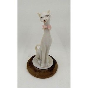 Capodimonte Miniature Siamese Cat Long Neck Bowtie Hand Painted Wooden Base